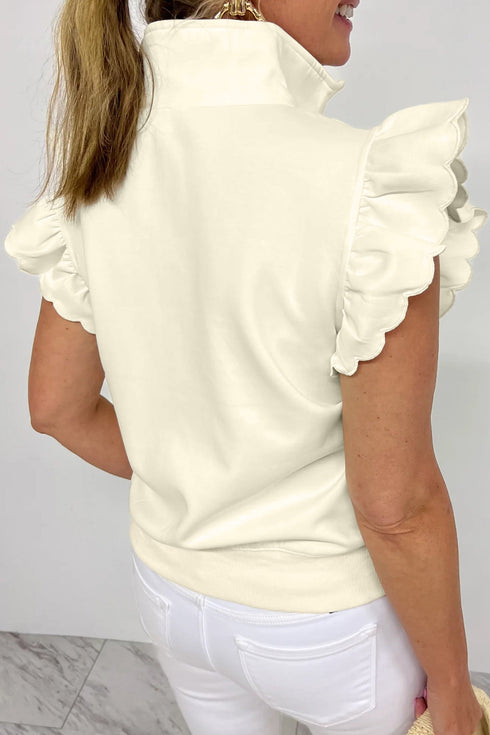 Modern Solid Collared Zip Front Ruffle Sleeve Blouse