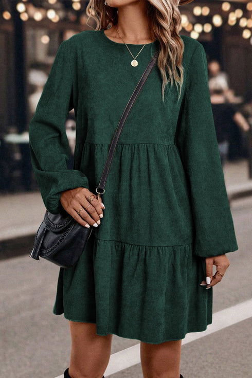 Modern Solid Corduroy Lantern Sleeve Tiered Mini Dress