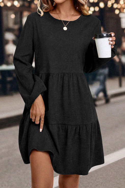 Modern Solid Corduroy Lantern Sleeve Tiered Mini Dress