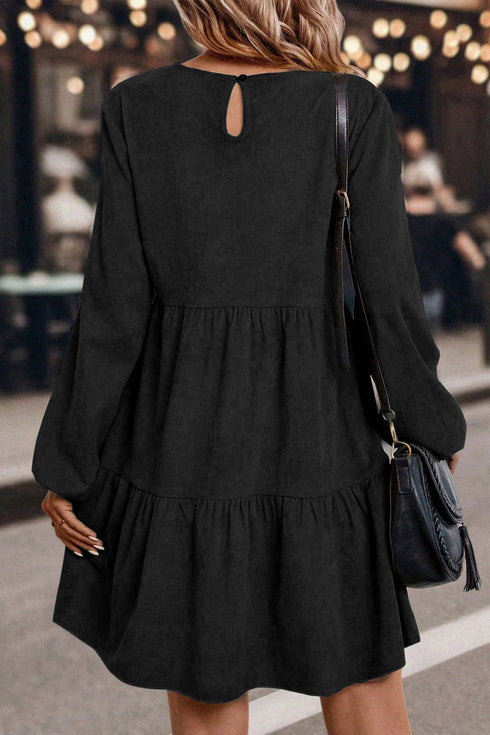 Modern Solid Corduroy Lantern Sleeve Tiered Mini Dress