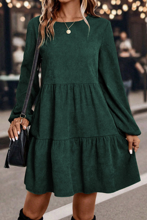 Modern Solid Corduroy Lantern Sleeve Tiered Mini Dress