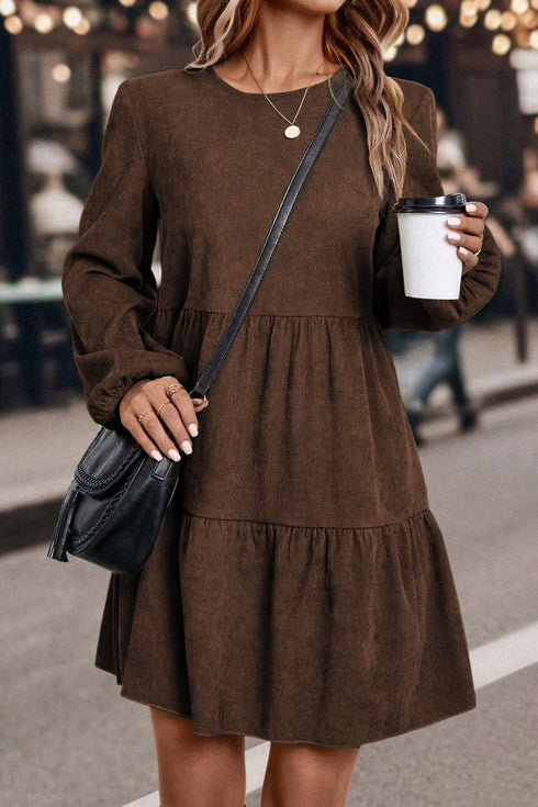 Modern Solid Corduroy Lantern Sleeve Tiered Mini Dress