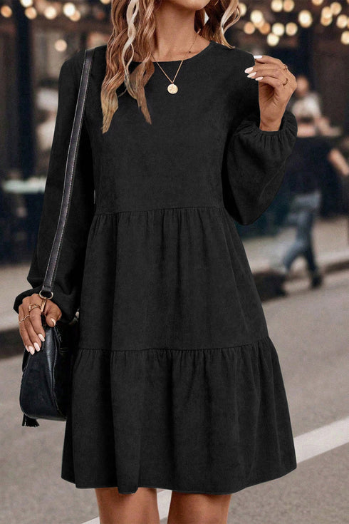 Modern Solid Corduroy Lantern Sleeve Tiered Mini Dress