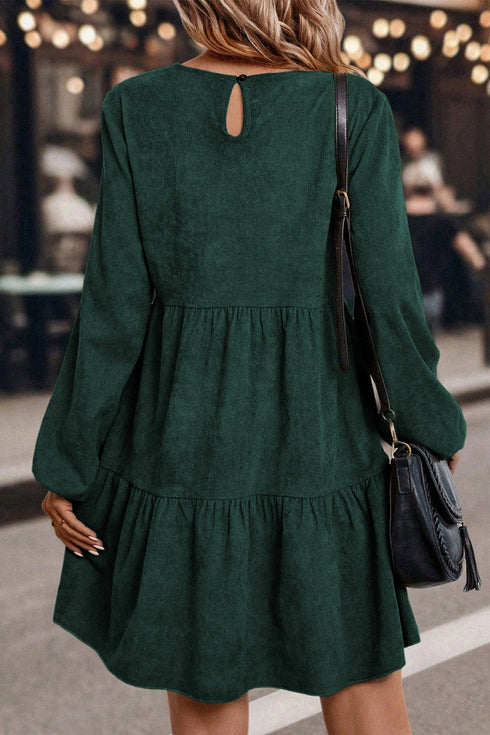 Modern Solid Corduroy Lantern Sleeve Tiered Mini Dress