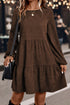 Modern Solid Corduroy Lantern Sleeve Tiered Mini Dress