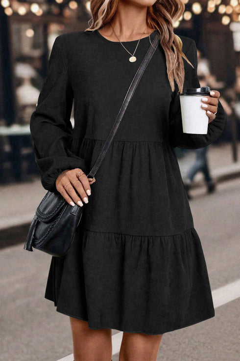 Modern Solid Corduroy Lantern Sleeve Tiered Mini Dress