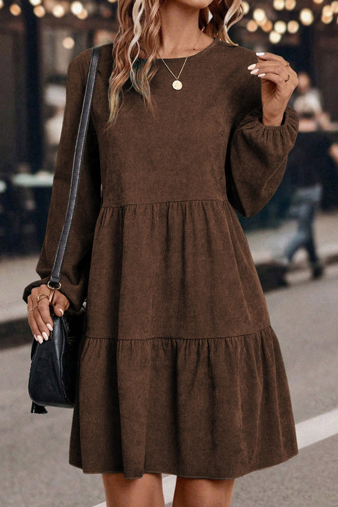 Modern Solid Corduroy Lantern Sleeve Tiered Mini Dress