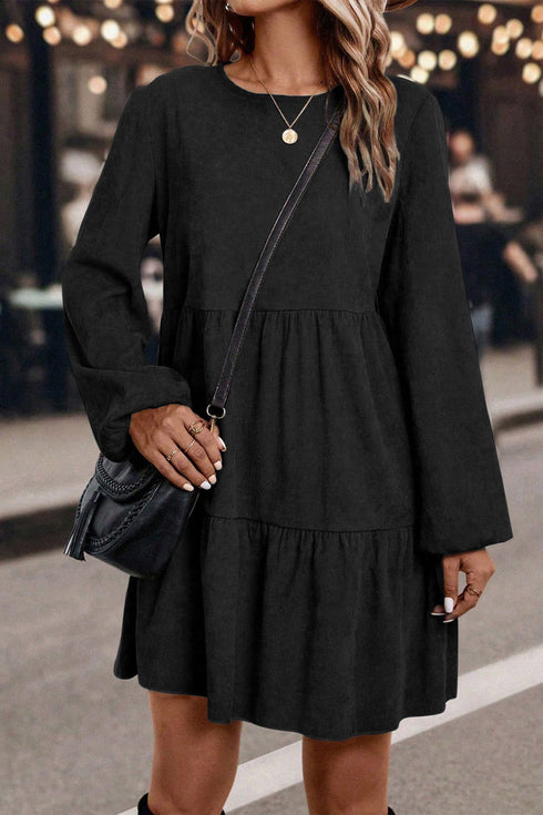 Modern Solid Corduroy Lantern Sleeve Tiered Mini Dress