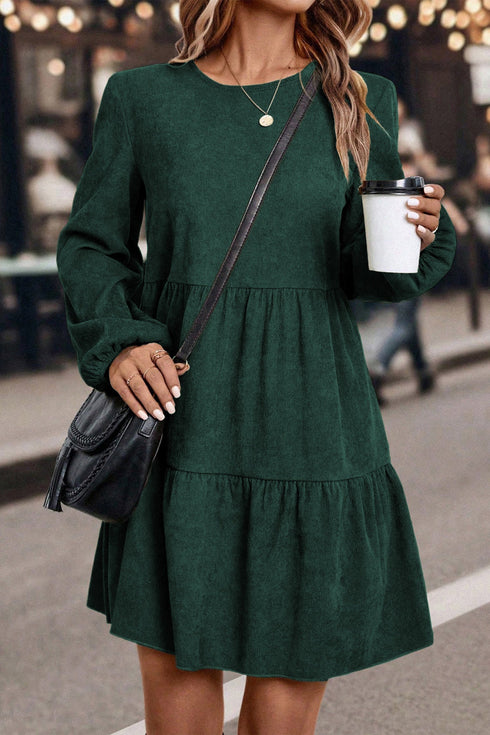 Modern Solid Corduroy Lantern Sleeve Tiered Mini Dress