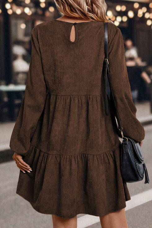 Modern Solid Corduroy Lantern Sleeve Tiered Mini Dress