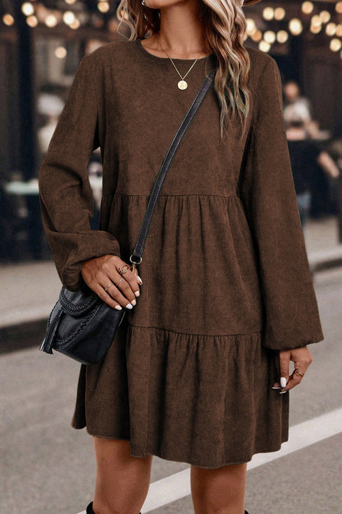Modern Solid Corduroy Lantern Sleeve Tiered Mini Dress