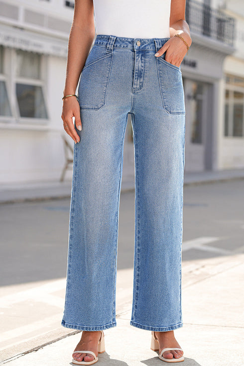 Modern Solid Denim Mid Rise Straight Leg Jeans