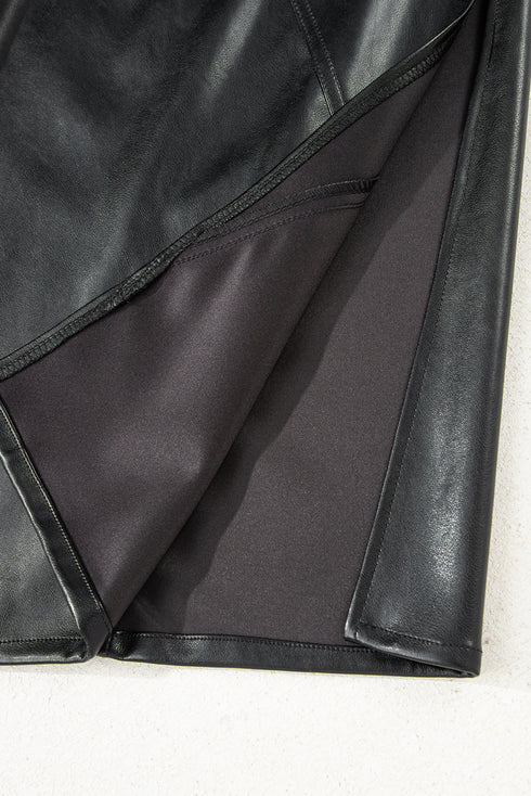 Modern Solid Faux Leather Side Slit Maxi Skirt