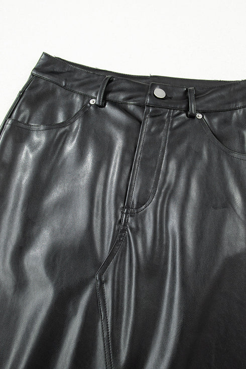 Modern Solid Faux Leather Side Slit Maxi Skirt