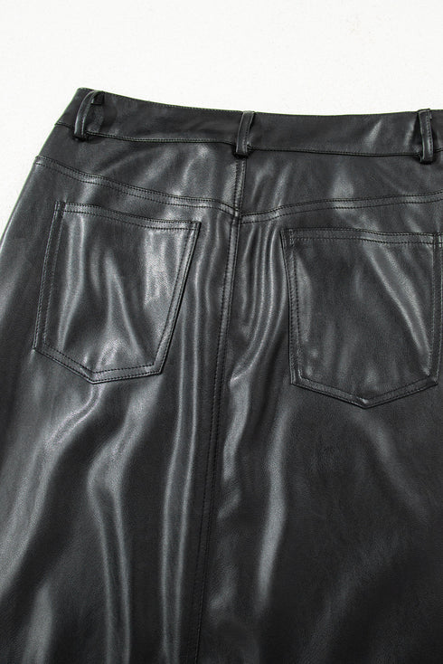 Modern Solid Faux Leather Side Slit Maxi Skirt