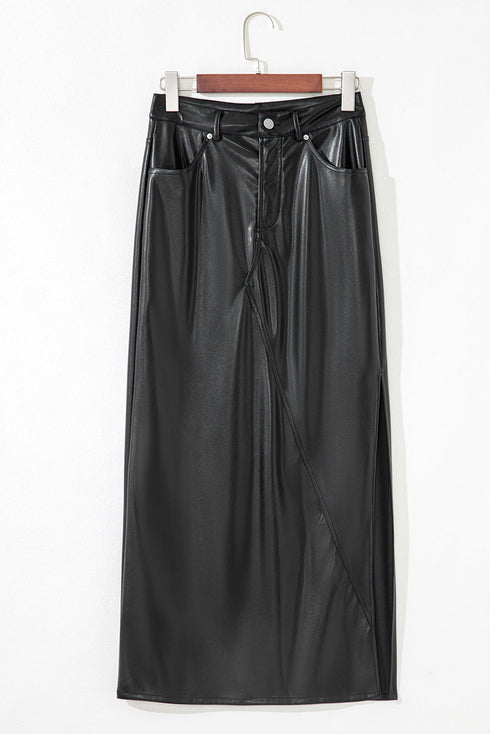 Modern Solid Faux Leather Side Slit Maxi Skirt