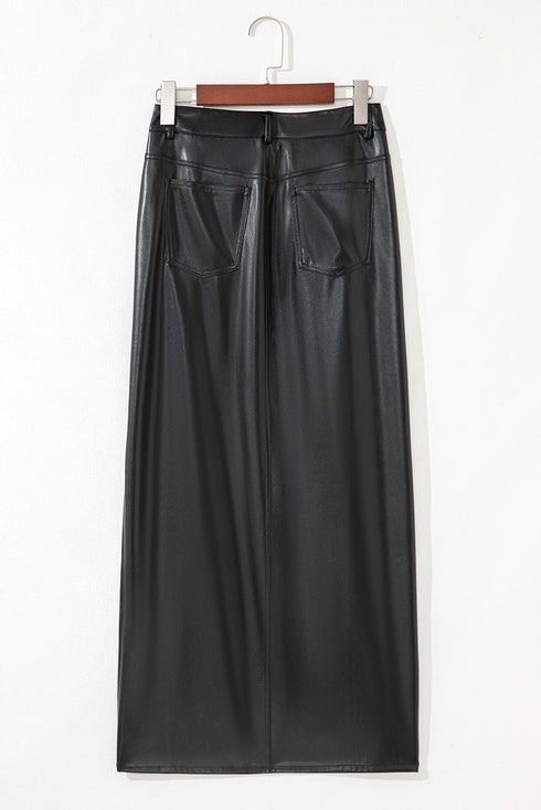 Modern Solid Faux Leather Side Slit Maxi Skirt