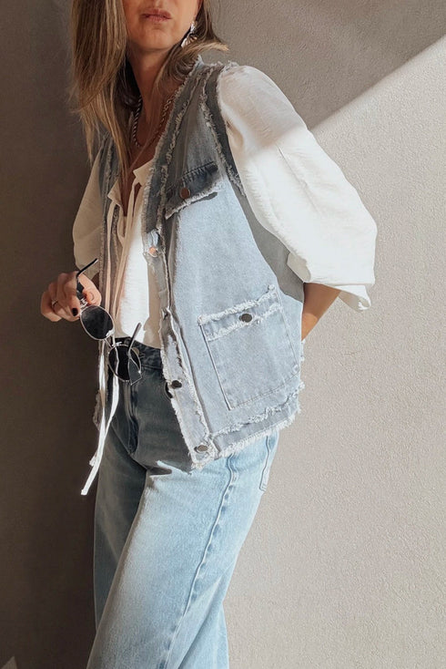 Modern Solid Frayed Edge Flap Pocket Denim Vest