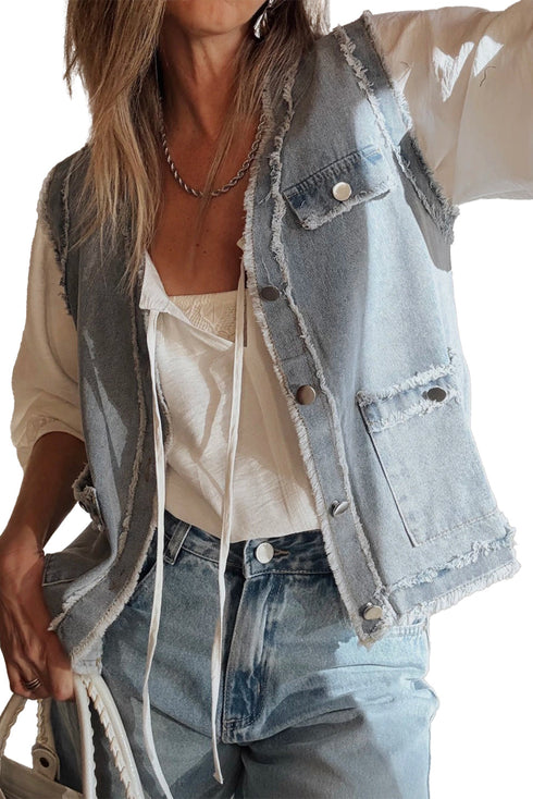 Modern Solid Frayed Edge Flap Pocket Denim Vest