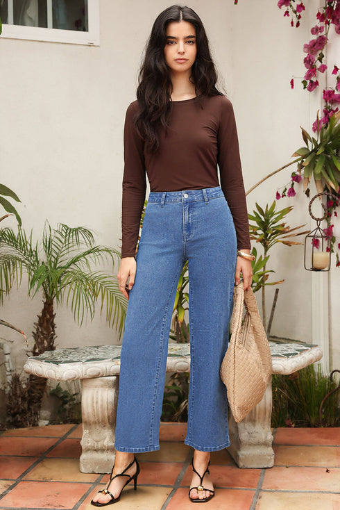 Modern Solid High Waist Straight Leg Denim Jeans