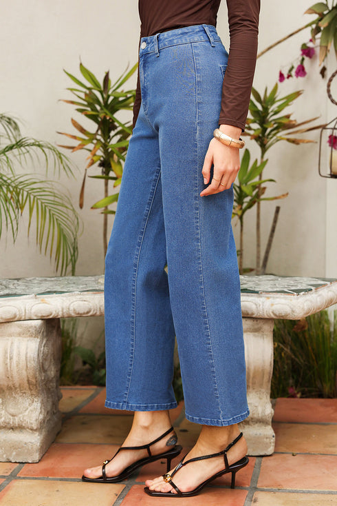 Modern Solid High Waist Straight Leg Denim Jeans
