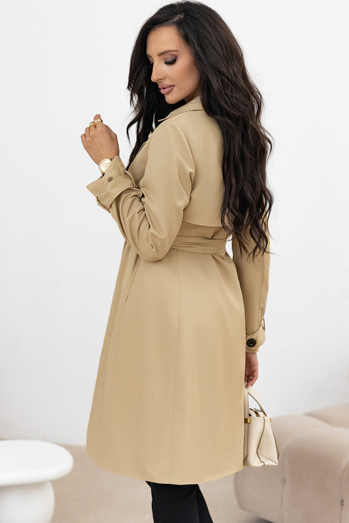 Modern Solid Lapel Collar Waist Tie Wind Coat