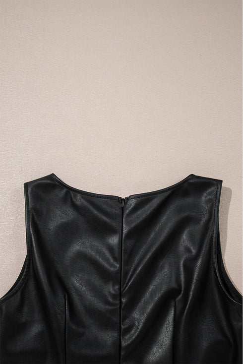 Modern Solid Polyurethane Vegan Leather Sleeveless Mini Dress