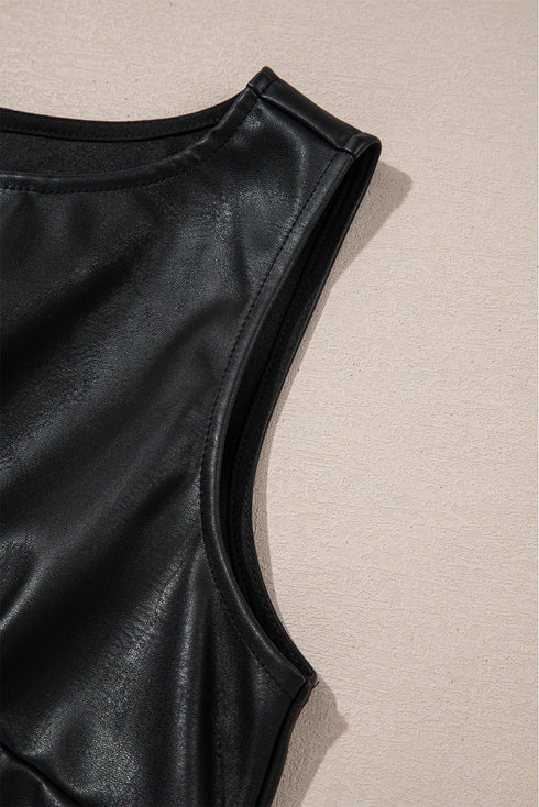 Modern Solid Polyurethane Vegan Leather Sleeveless Mini Dress
