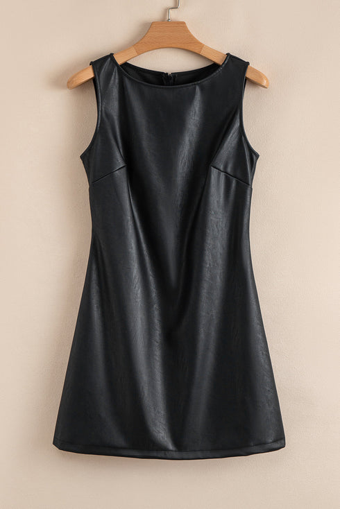 Modern Solid Polyurethane Vegan Leather Sleeveless Mini Dress
