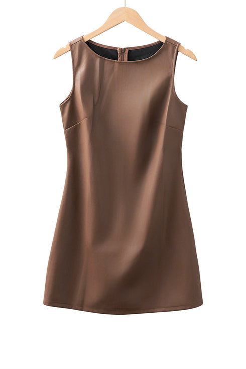Modern Solid Polyurethane Vegan Leather Sleeveless Mini Dress