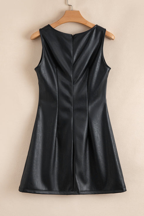 Modern Solid Polyurethane Vegan Leather Sleeveless Mini Dress