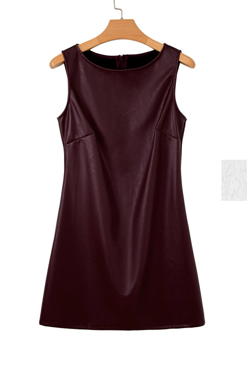 Modern Solid Polyurethane Vegan Leather Sleeveless Mini Dress