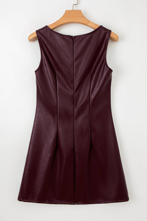 Modern Solid Polyurethane Vegan Leather Sleeveless Mini Dress