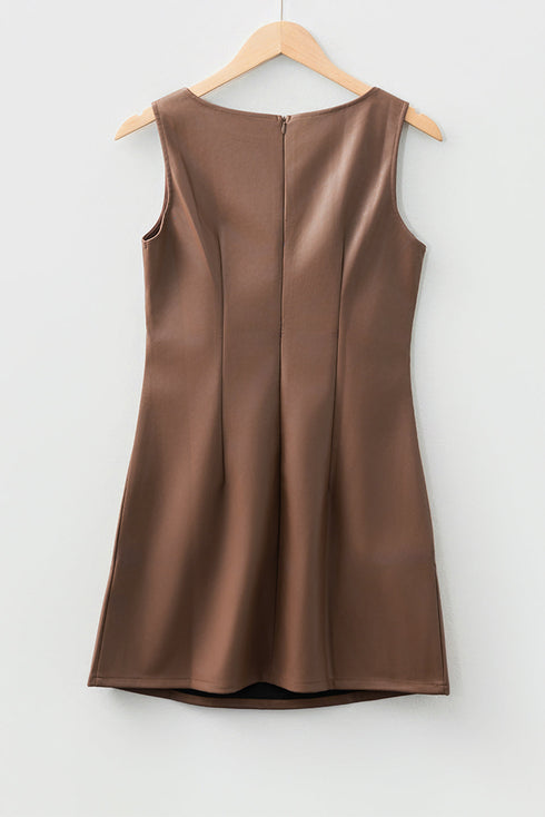 Modern Solid Polyurethane Vegan Leather Sleeveless Mini Dress