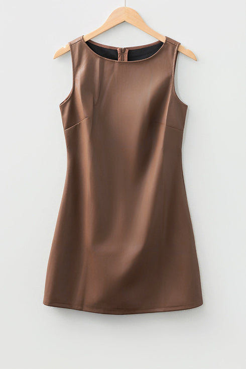 Modern Solid Polyurethane Vegan Leather Sleeveless Mini Dress