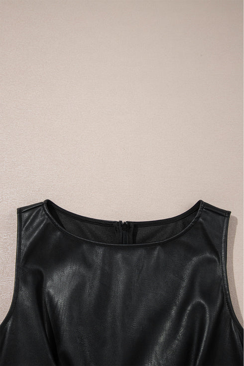 Modern Solid Polyurethane Vegan Leather Sleeveless Mini Dress