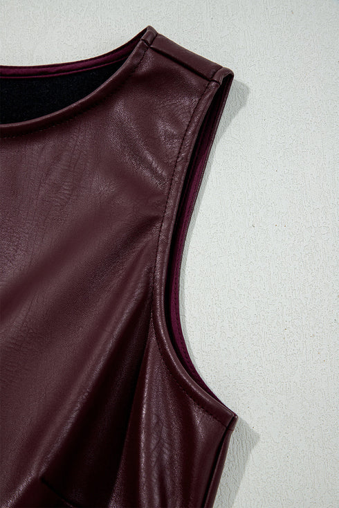 Modern Solid Polyurethane Vegan Leather Sleeveless Mini Dress