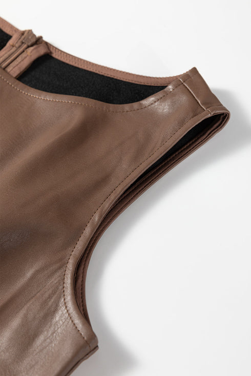 Modern Solid Polyurethane Vegan Leather Sleeveless Mini Dress