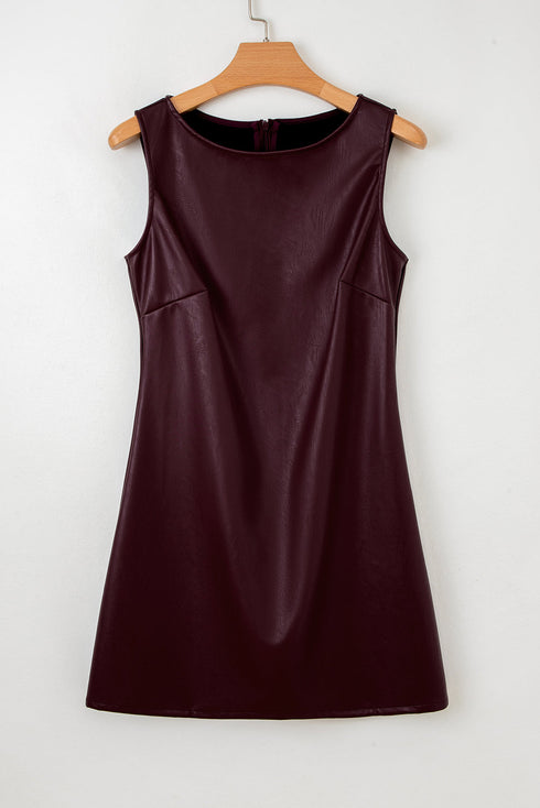 Modern Solid Polyurethane Vegan Leather Sleeveless Mini Dress