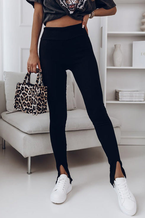 Modern Solid Rib Knit High Waist Slit Leggings