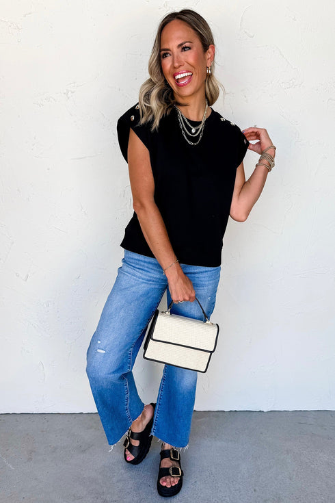 Modern Solid Short Sleeve Metal Button Detail Top