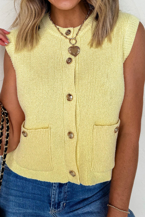 Modern Solid Sleeveless Knit Button Pocket Sweater Vest