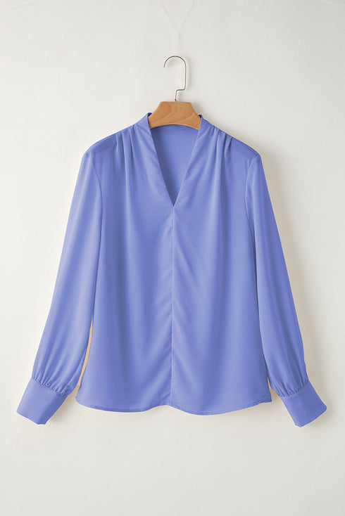 Modern Solid V Neck Breezy Long Sleeve Blouse