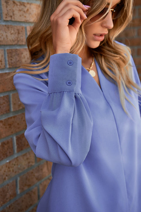 Modern Solid V Neck Breezy Long Sleeve Blouse