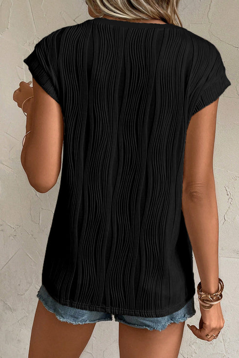 Modern Solid Wavy Textured Button V Neck Tee