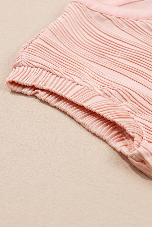 Modern Solid Wavy Textured Button V Neck Tee