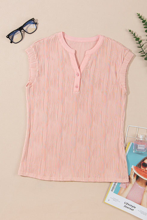 Modern Solid Wavy Textured Button V Neck Tee