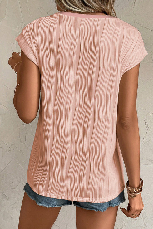 Modern Solid Wavy Textured Button V Neck Tee
