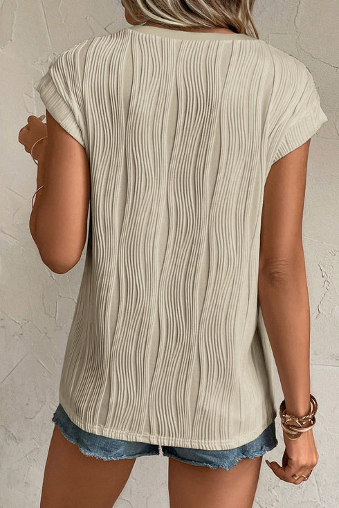 Modern Solid Wavy Textured Button V Neck Tee