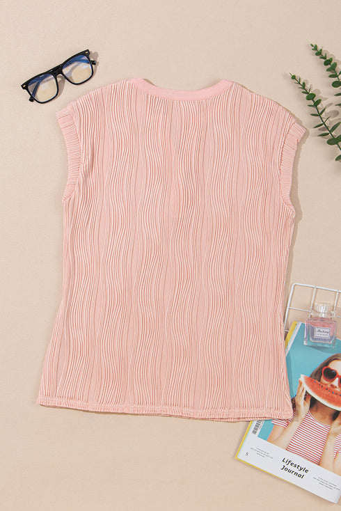 Modern Solid Wavy Textured Button V Neck Tee